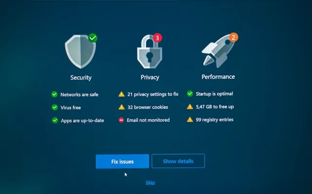 Security, privacy, and performance dashboard showing browser cookies, privacy settings, and network safety status