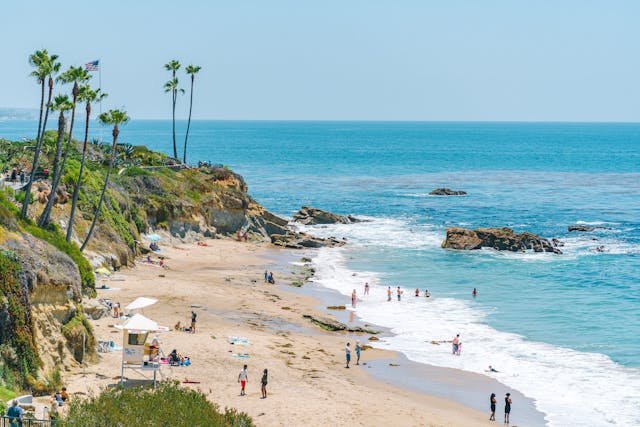 Aerial view of a sandy California beach with palm trees on rocky cliffs, clear turquoise water, and beachgoers enjoying the shore