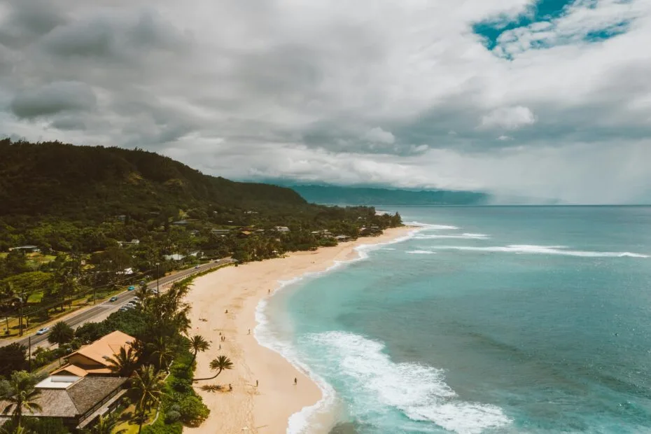 Scenic coastal beach with turquoise ocean water, rocky shoreline, tall palm trees, and people relaxing and swimming on a sunny summer day.